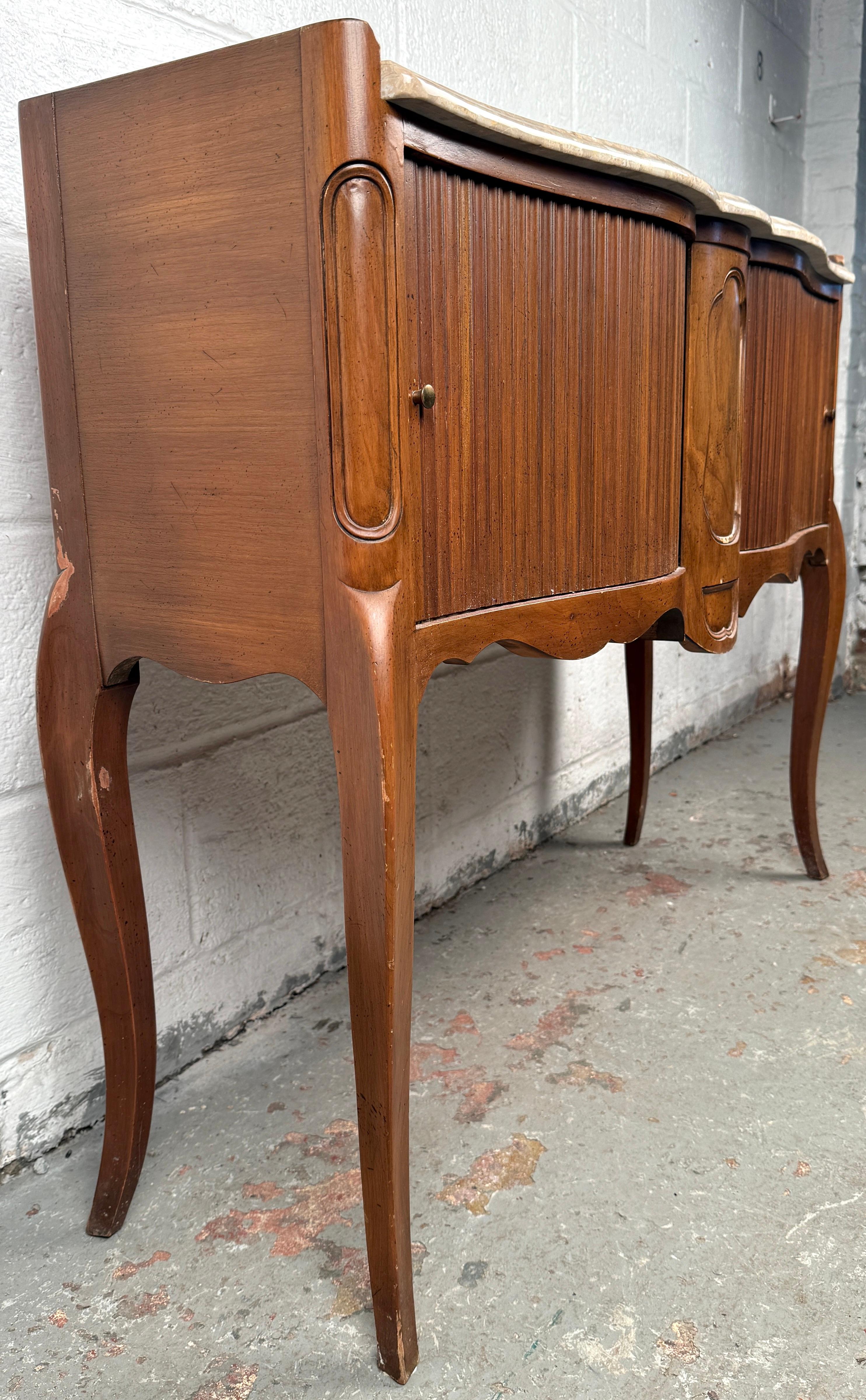 Vintage John Widdicomb Marble Top French Style Console Table with Tambour Doors For Sale 1