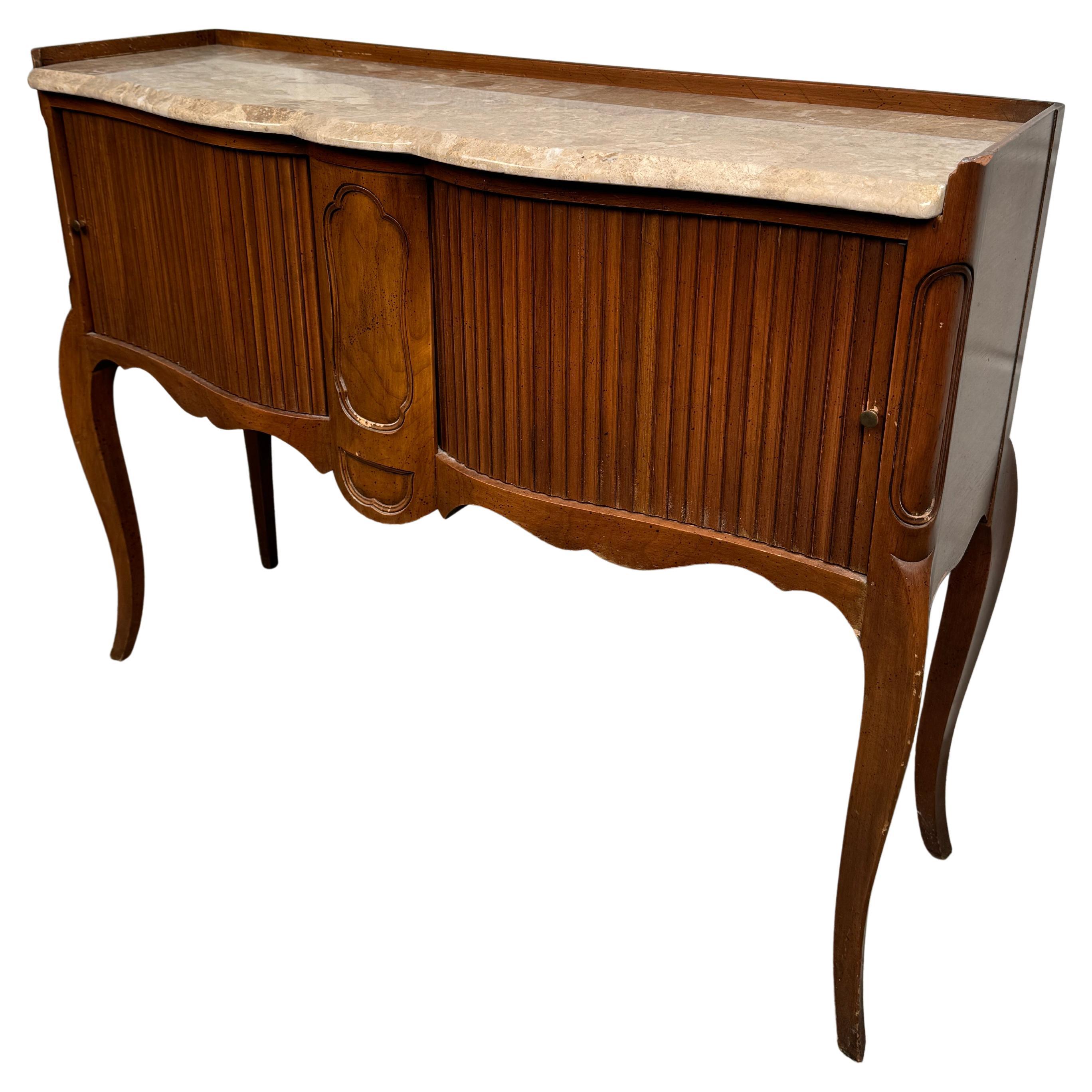 Vintage John Widdicomb Marble Top French Style Console Table with Tambour Doors For Sale