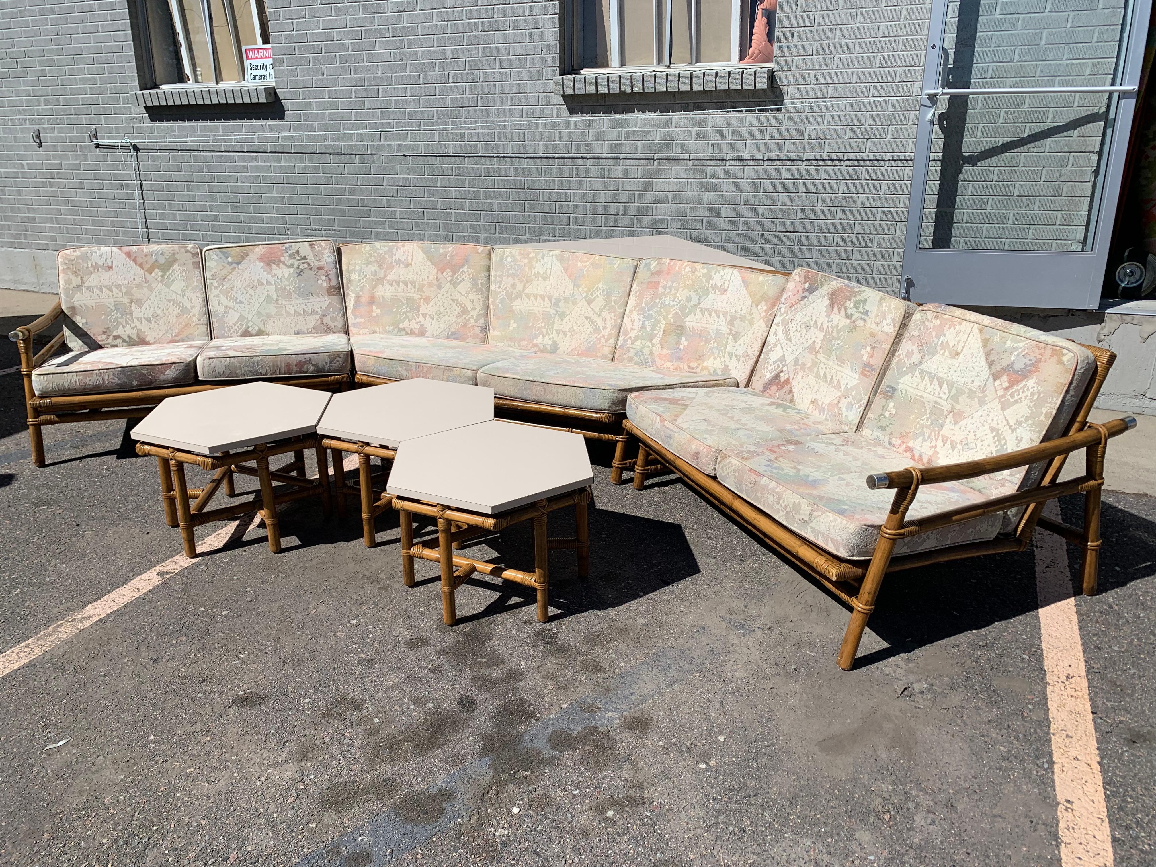 Vintage John Wisner for Ficks Reed 3 Piece Sectional and Corner Table