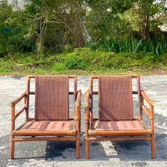 Vintage John Wisner for Ficks Reed Brass Cap Pagoda Rattan Lounge Chairs - a Pr