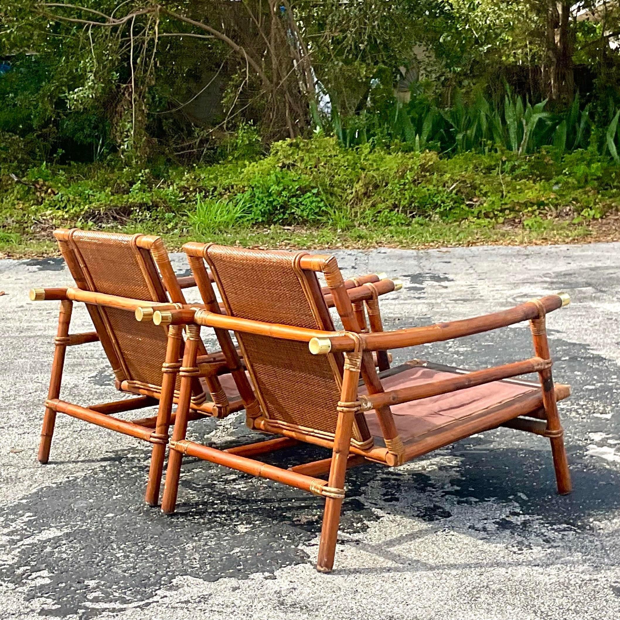 20th Century Vintage John Wisner for Ficks Reed Brass Cap Pagoda Rattan Lounge Chairs - a Pr