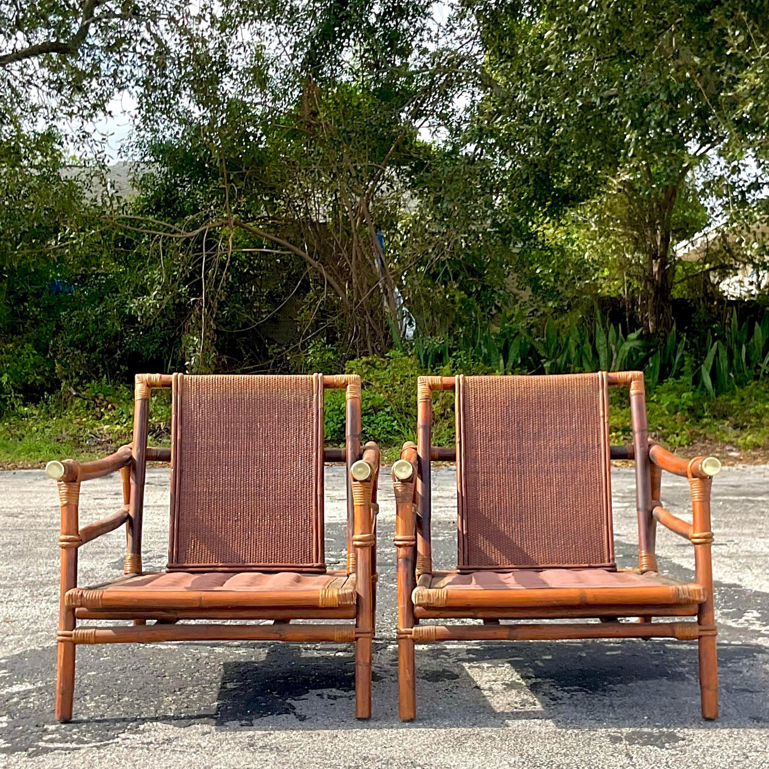 Vintage John Wisner for Ficks Reed Brass Cap Pagoda Rattan Lounge Chairs - a Pr 1