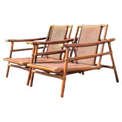 Vintage John Wisner for Ficks Reed Brass Cap Pagoda Rattan Lounge Chairs - a Pr
