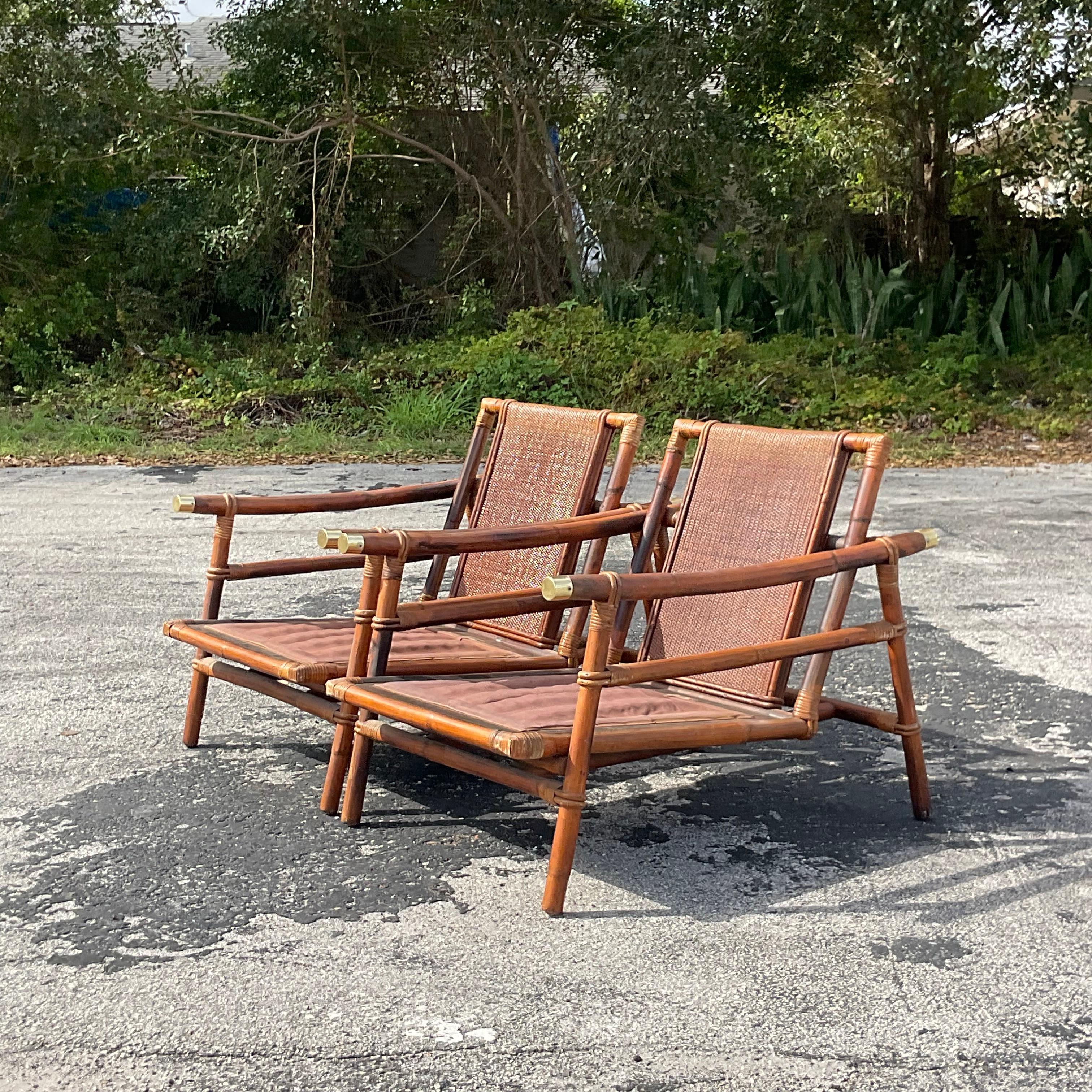 Mid-Century Modern Vintage John Wisner for Ficks Reed Pagoda Rattan Lounge Chairs - a Pair For Sale