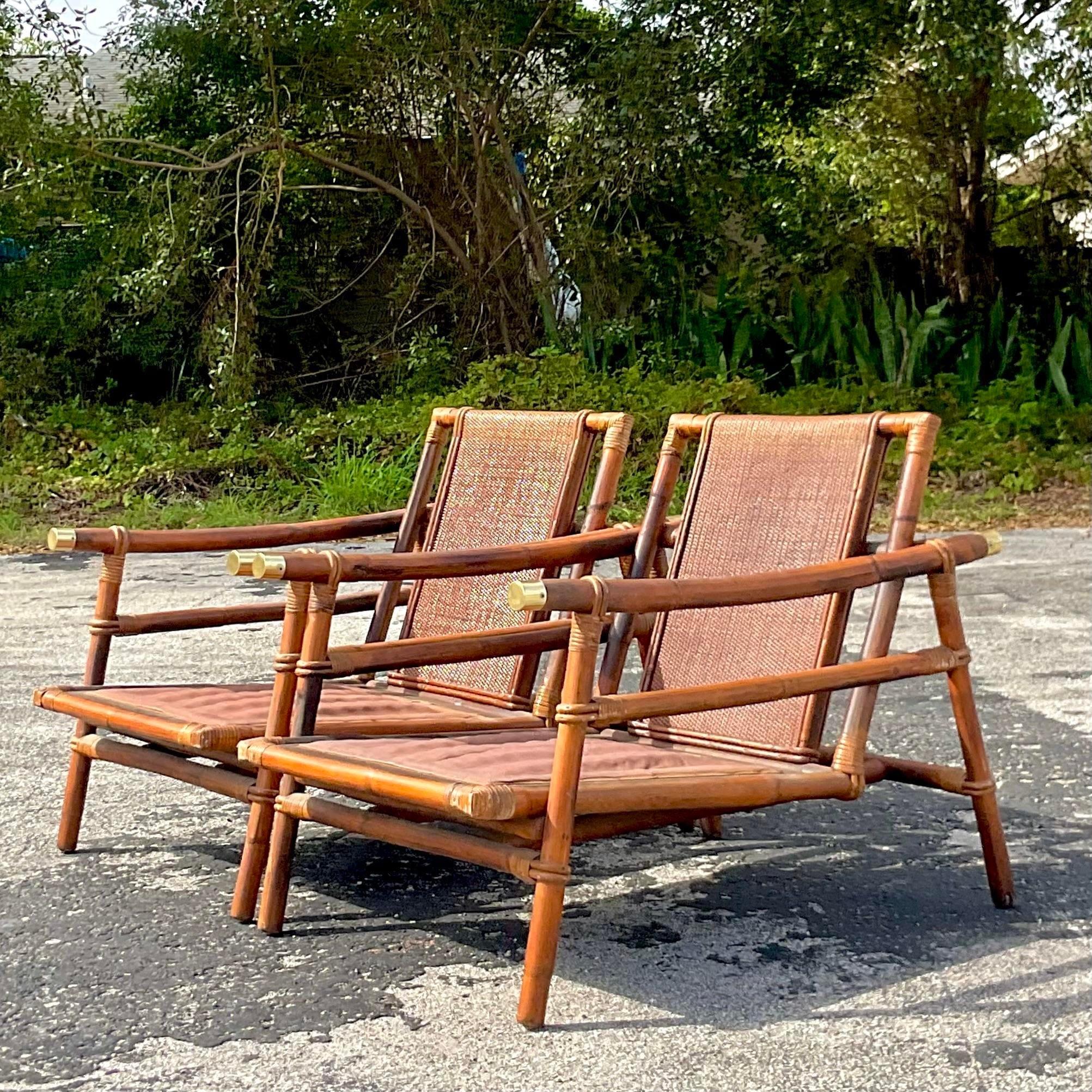 Brass Vintage John Wisner for Ficks Reed Pagoda Rattan Lounge Chairs - a Pair For Sale