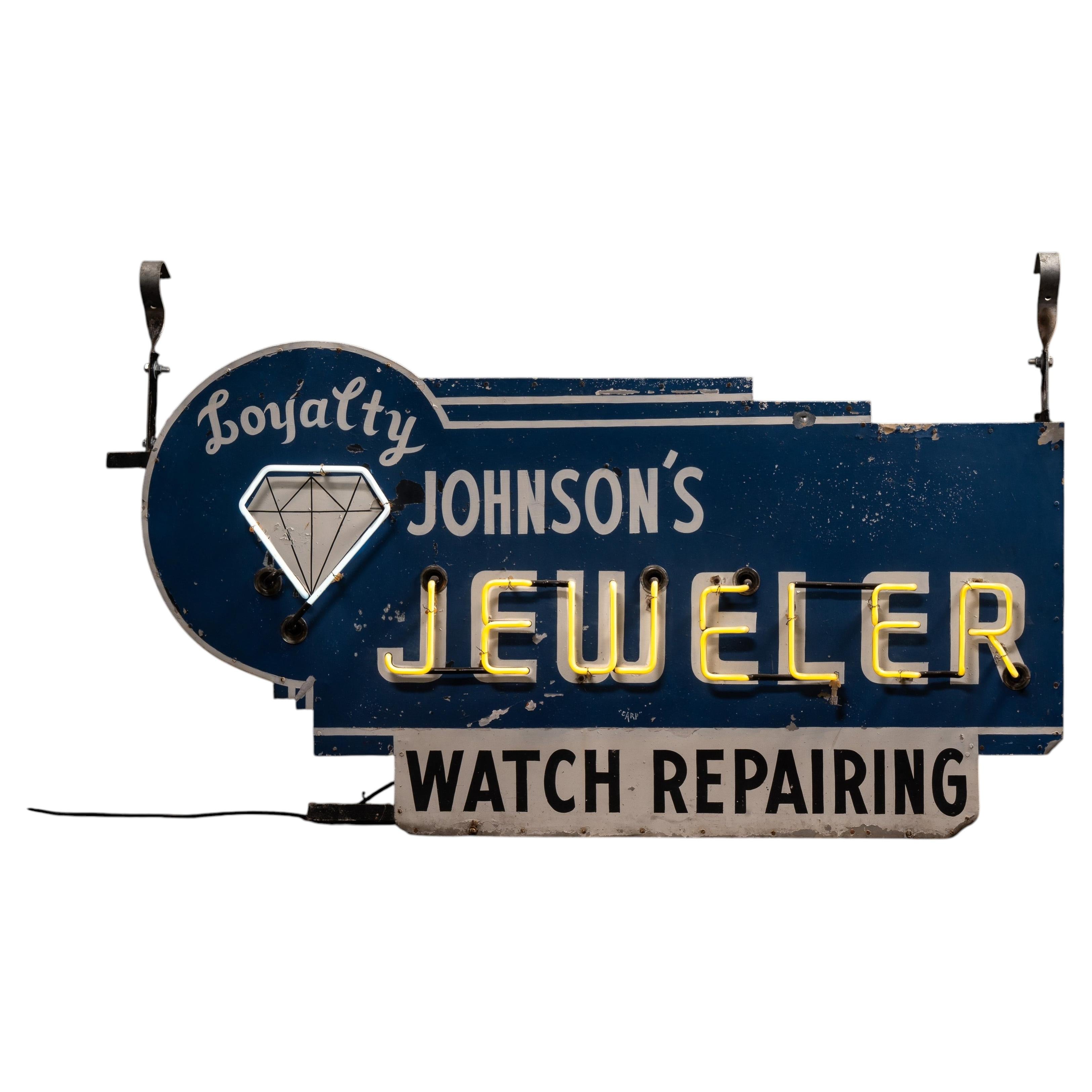 Vintage "Johnson's Jeweler-Watch Repairing" Double-Sided Neon Sign