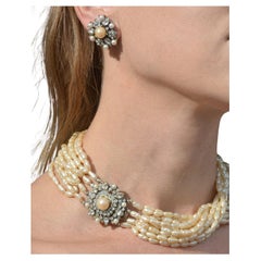Vintage Be.Jolie Gabor Collier de Perles et Cristaux + Boucles d'oreilles Parure