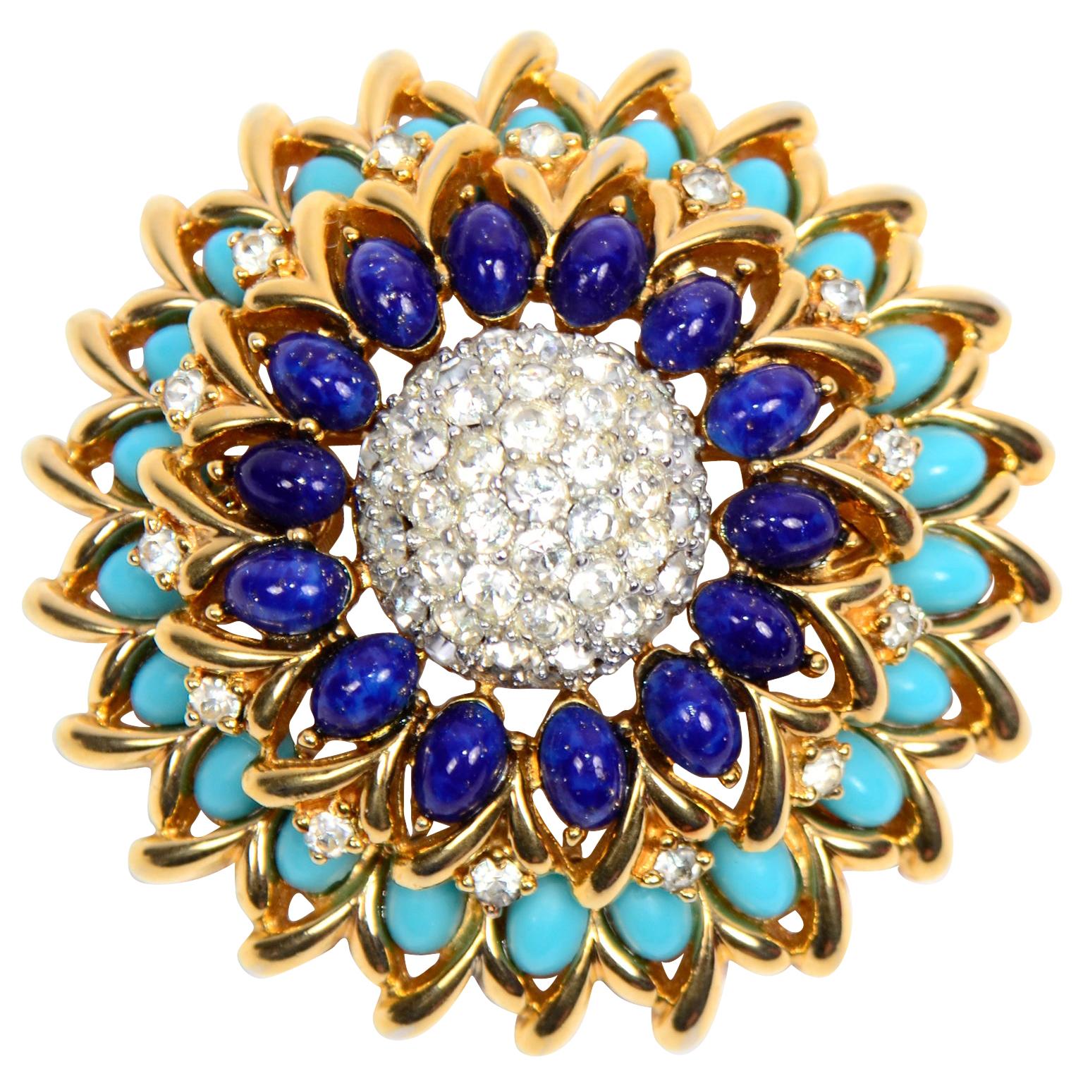 Vintage Jomaz Brooch With Turquoise and Lapis Blue Oval Stones and Rhinestones