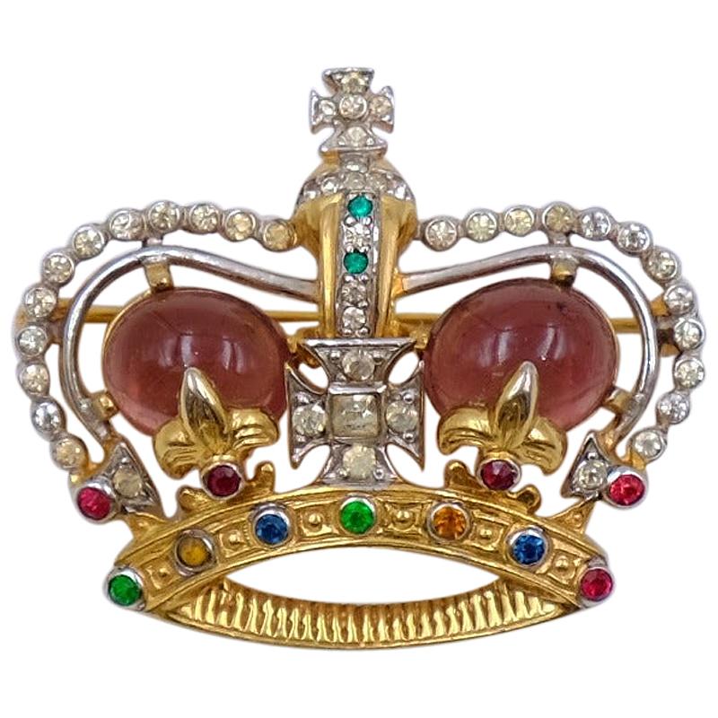 Vintage JOMAZ Crown Brooch With Cabochons and Rhinestones 1950's
