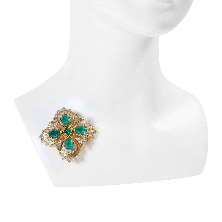 Artist Vintage Jomaz Diamante with Emerald Green on Gold Brooch, Circa 1960s For Sale