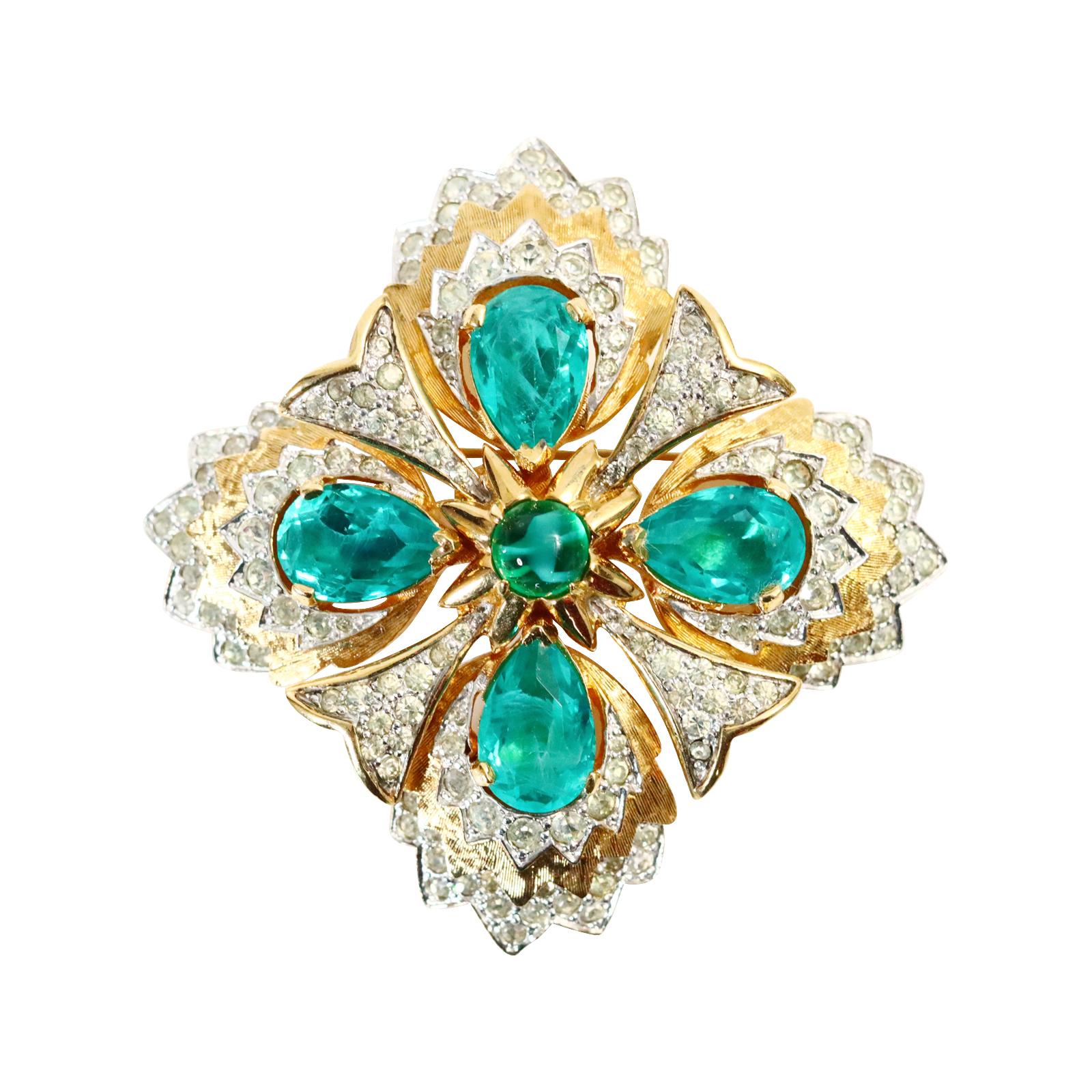 Artist Vintage Jomaz Diamante with Emerald Green on Gold Brooch, Circa 1960s
