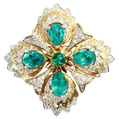 Vintage Jomaz Diamante with Emerald Green on Gold Brooch, Circa 1960s