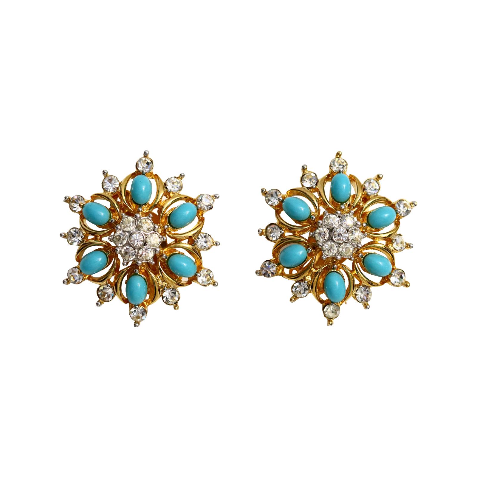 Vintage Jomaz Gold Diamante and Faux Turquoise Earrings Circa 1960s. These are so chic and look like fine. There is a Jomaz brooch on site that would look divine with these.  There is a lot of thought that went into the construction of making these.