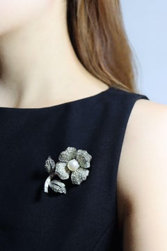 Vintage Jomaz Silver Tone Rhinestone Faux Pearl Brooch