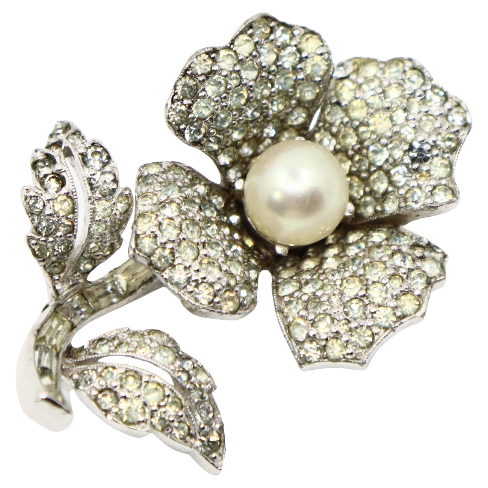 Vintage Jomaz Silber Ton Strass Faux Perle Brosche