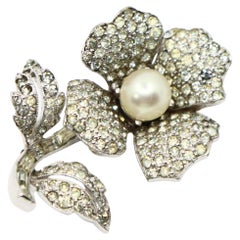 Vintage Jomaz Silver Tone Rhinestone Faux Pearl Brooch