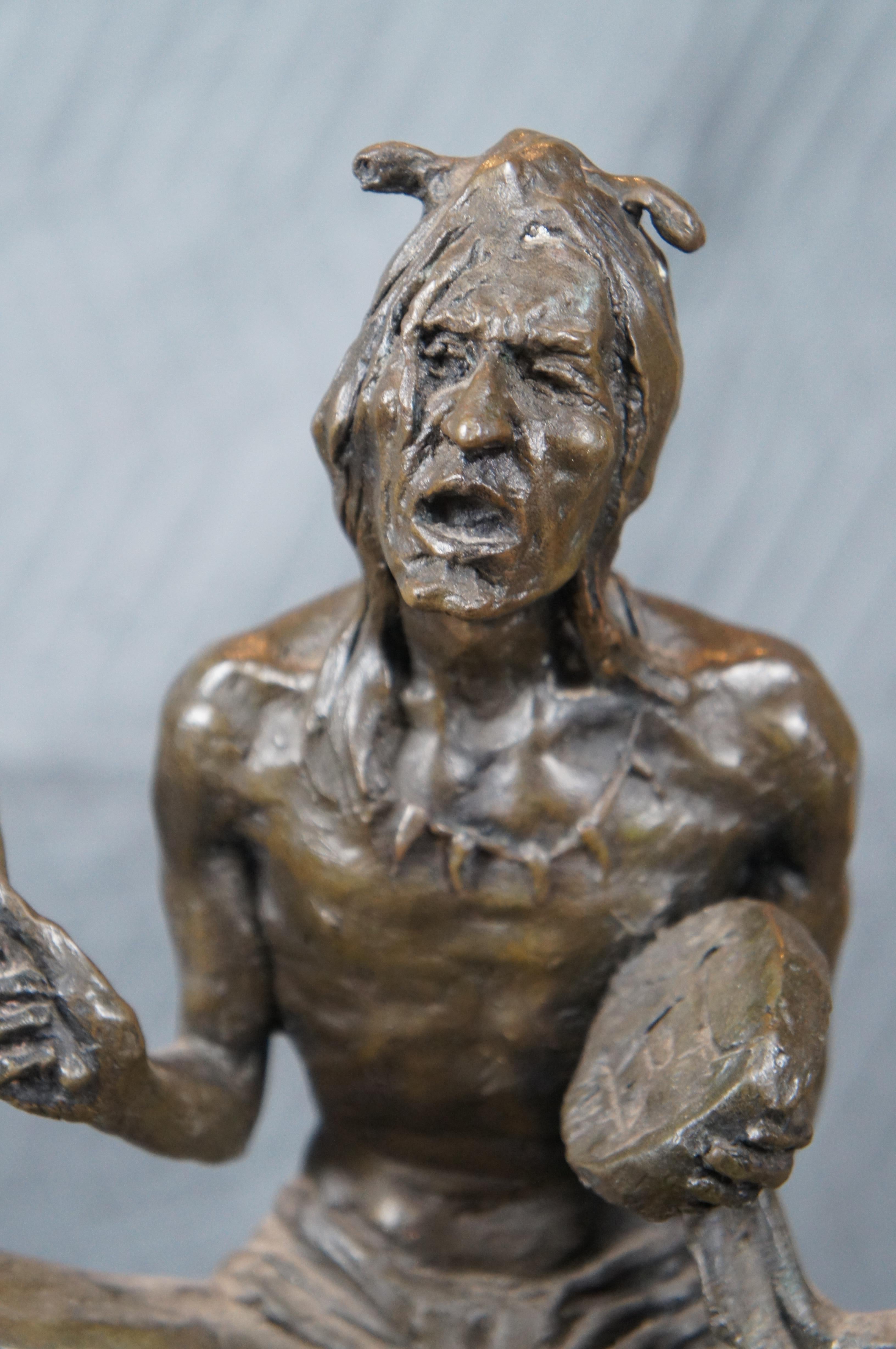 Vintage Jon Rubin Figural Bronze Indian Warrior Chief With Drum Marble Base 11