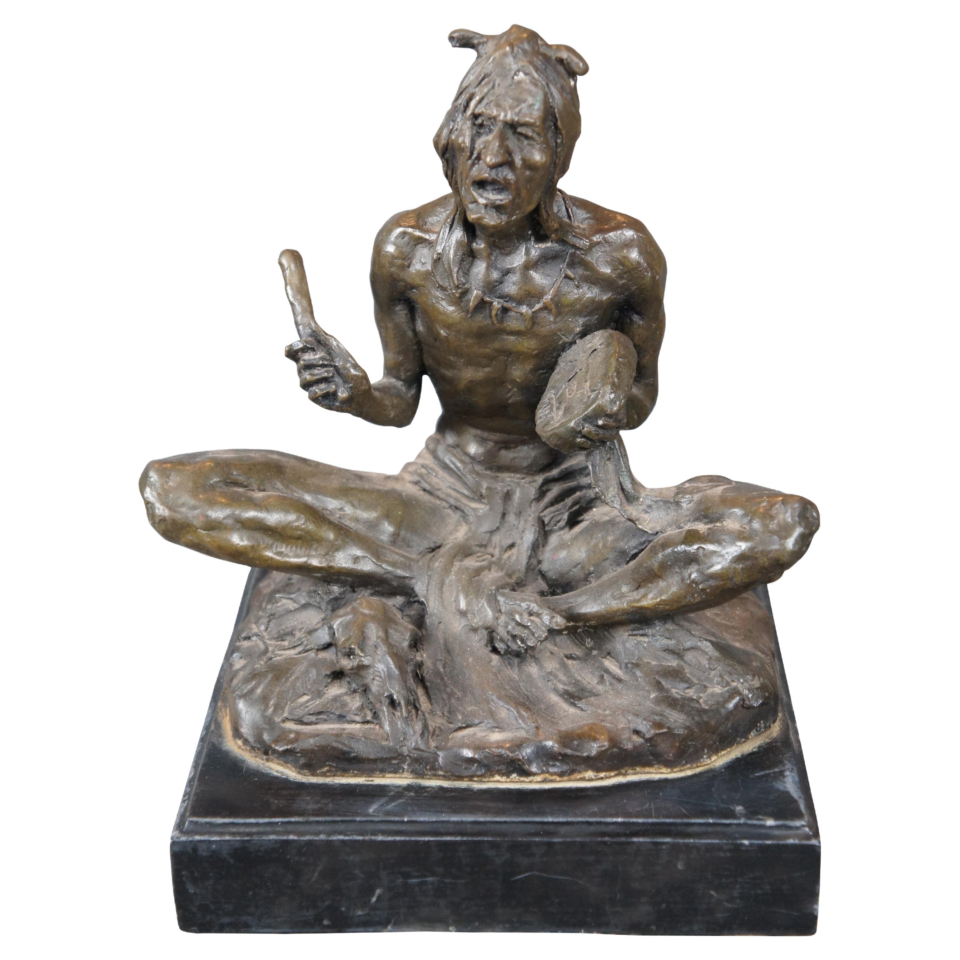Vintage Jon Rubin Figural Bronze Indian Warrior Chief With Drum Marble Base 11"