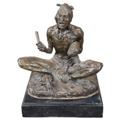 Vintage Jon Rubin Figural Bronze Indian Warrior Chief mit Trommelmarmorsockel 11"
