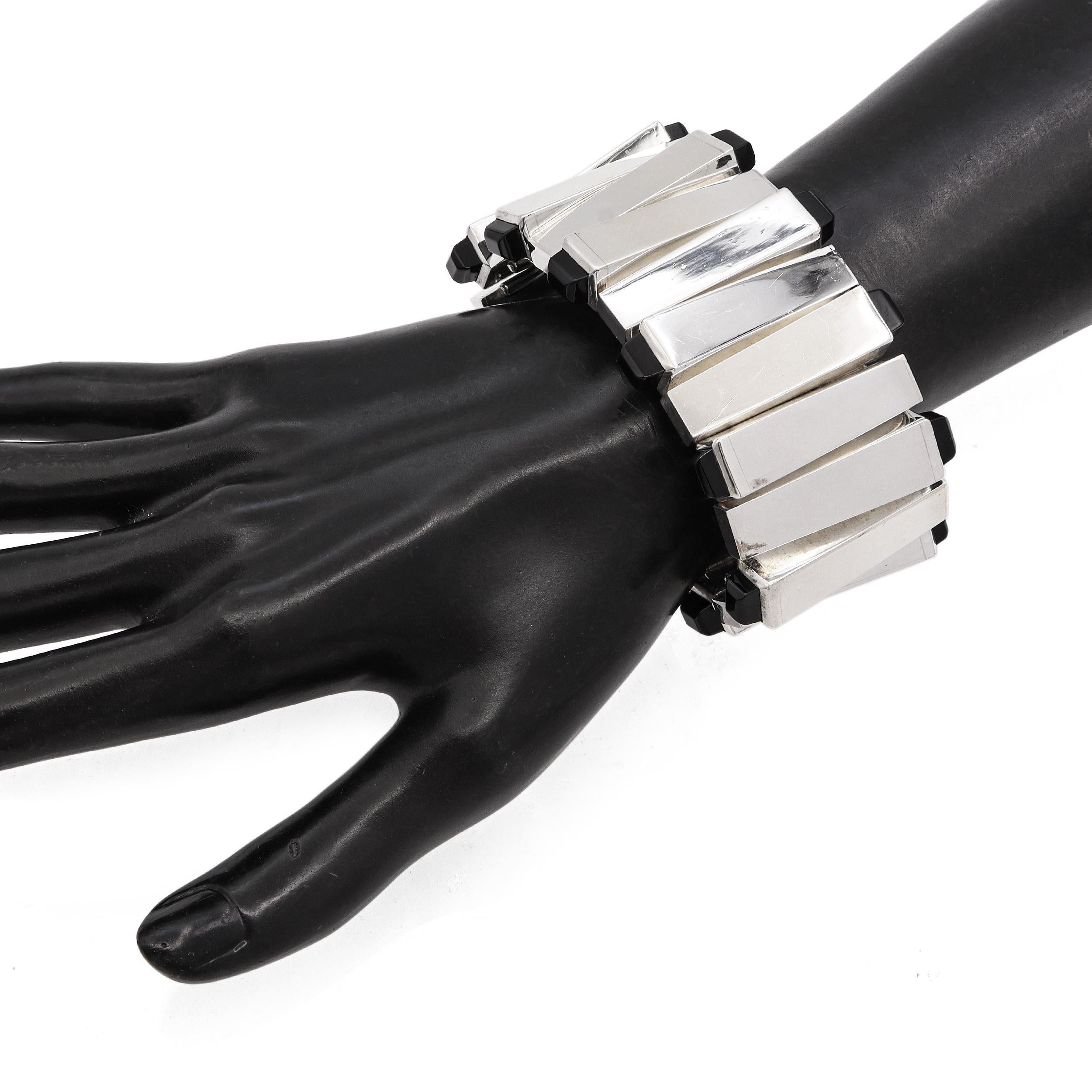Vintage Jondell Mexican Sterling Silver Black Onyx Modernist Wide Link Armband (Moderne) im Angebot