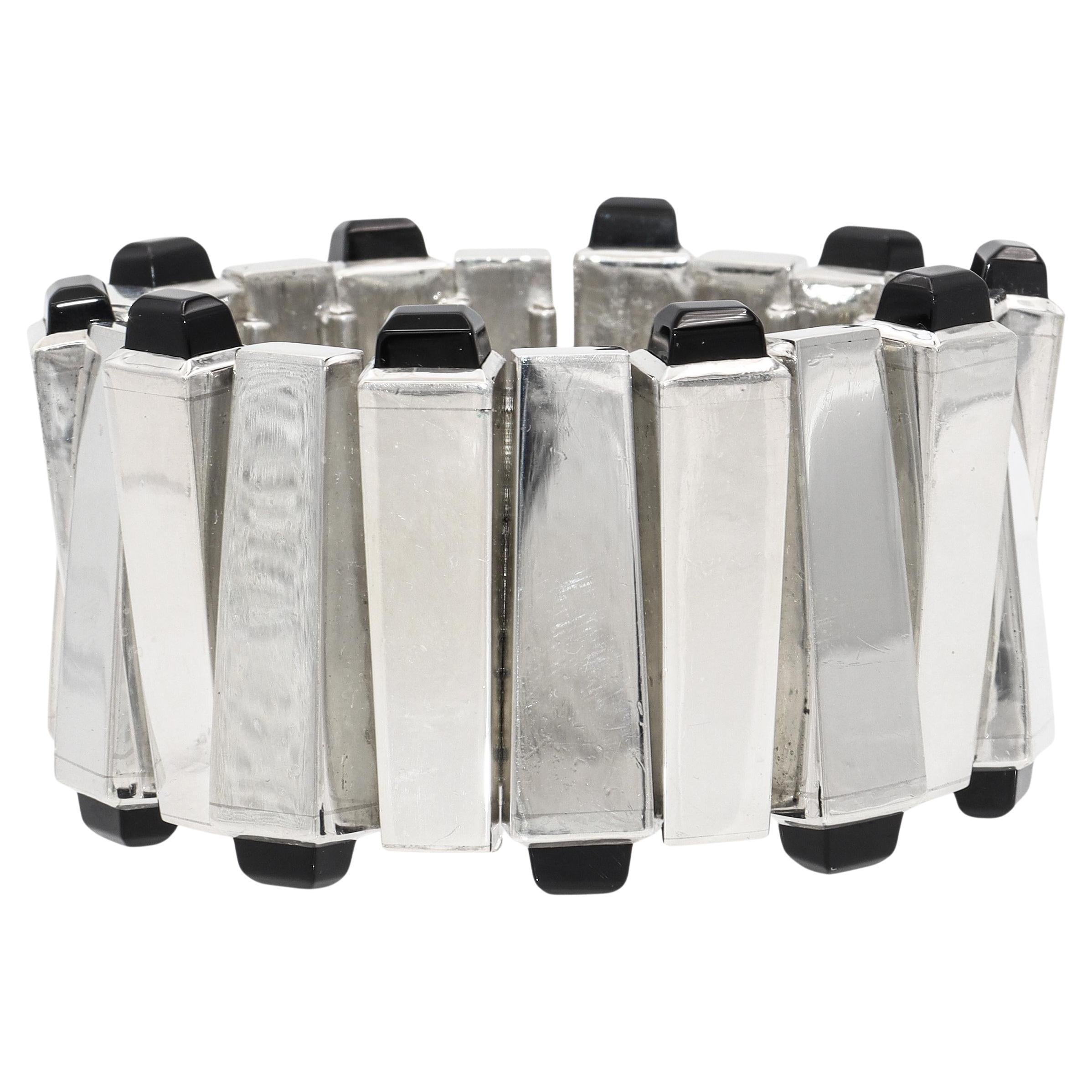 Bracciale a maglie larghe modernista d
epoca Jondell Mexican Sterling Silver Black Onyx