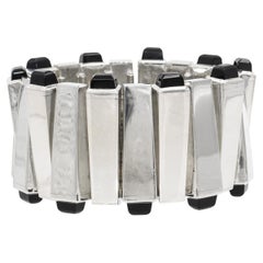 Bracciale a maglie larghe modernista d
epoca Jondell Mexican Sterling Silver Black Onyx