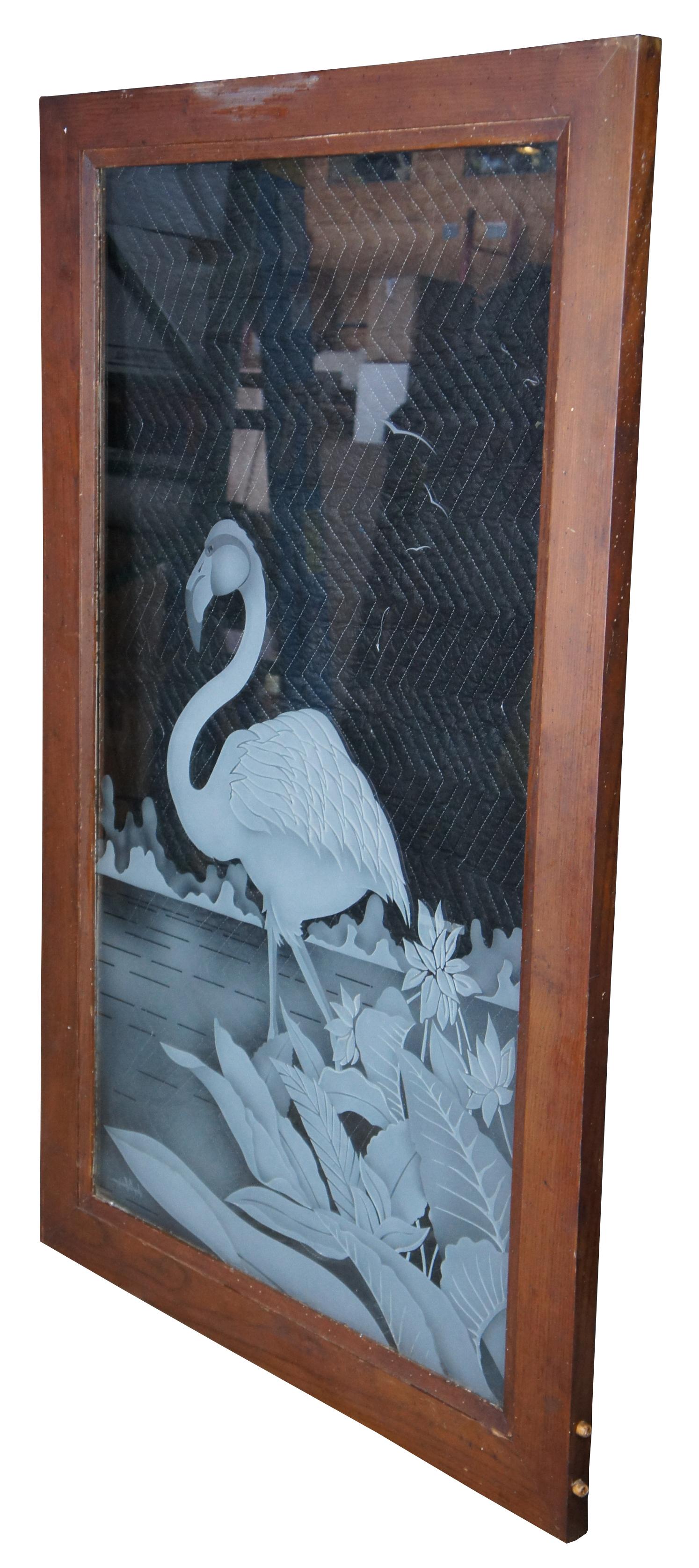 Vintage etched art glass cabinet door or window panel featuring a Flamingo, by Jorge B. Rodriguez. Measures: 56