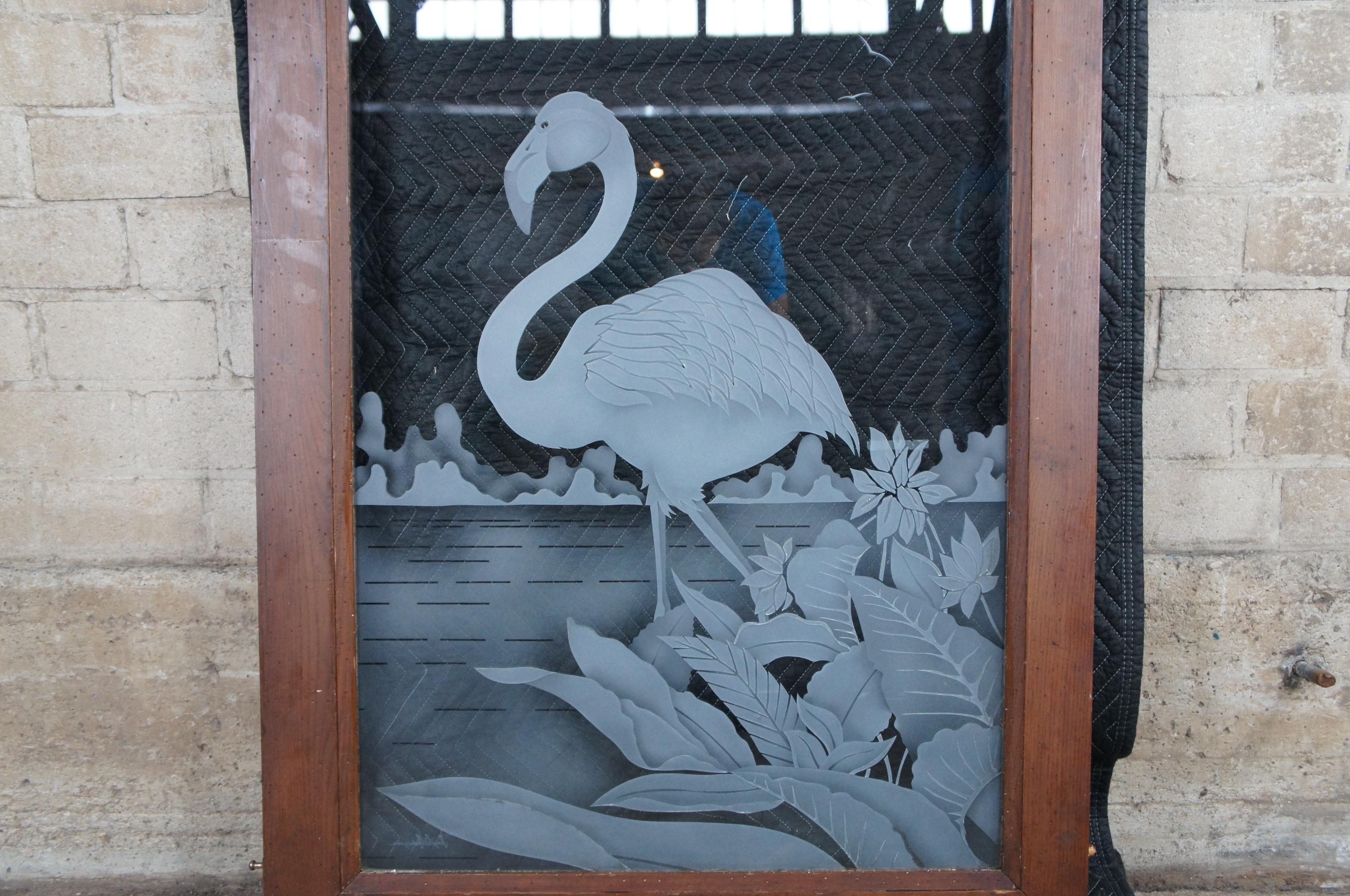 20th Century Vintage Jorge Rodriguez Etched Flamingo Art Glass Cabinet Door Window Panel For Sale
