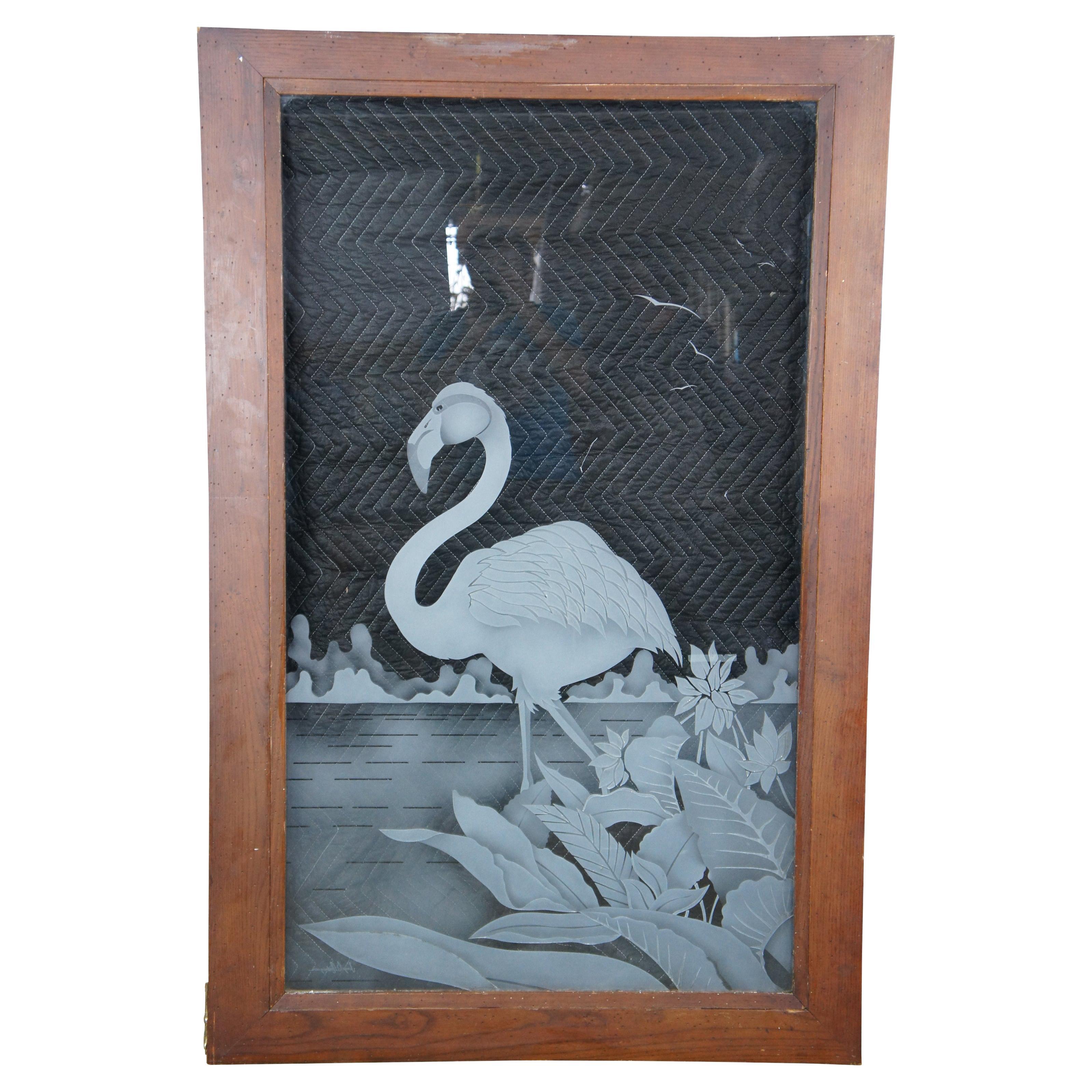Vintage Jorge Rodriguez Etched Flamingo Art Glass Cabinet Door Window Panel