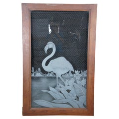 Used Jorge Rodriguez Etched Flamingo Art Glass Cabinet Door Window Panel