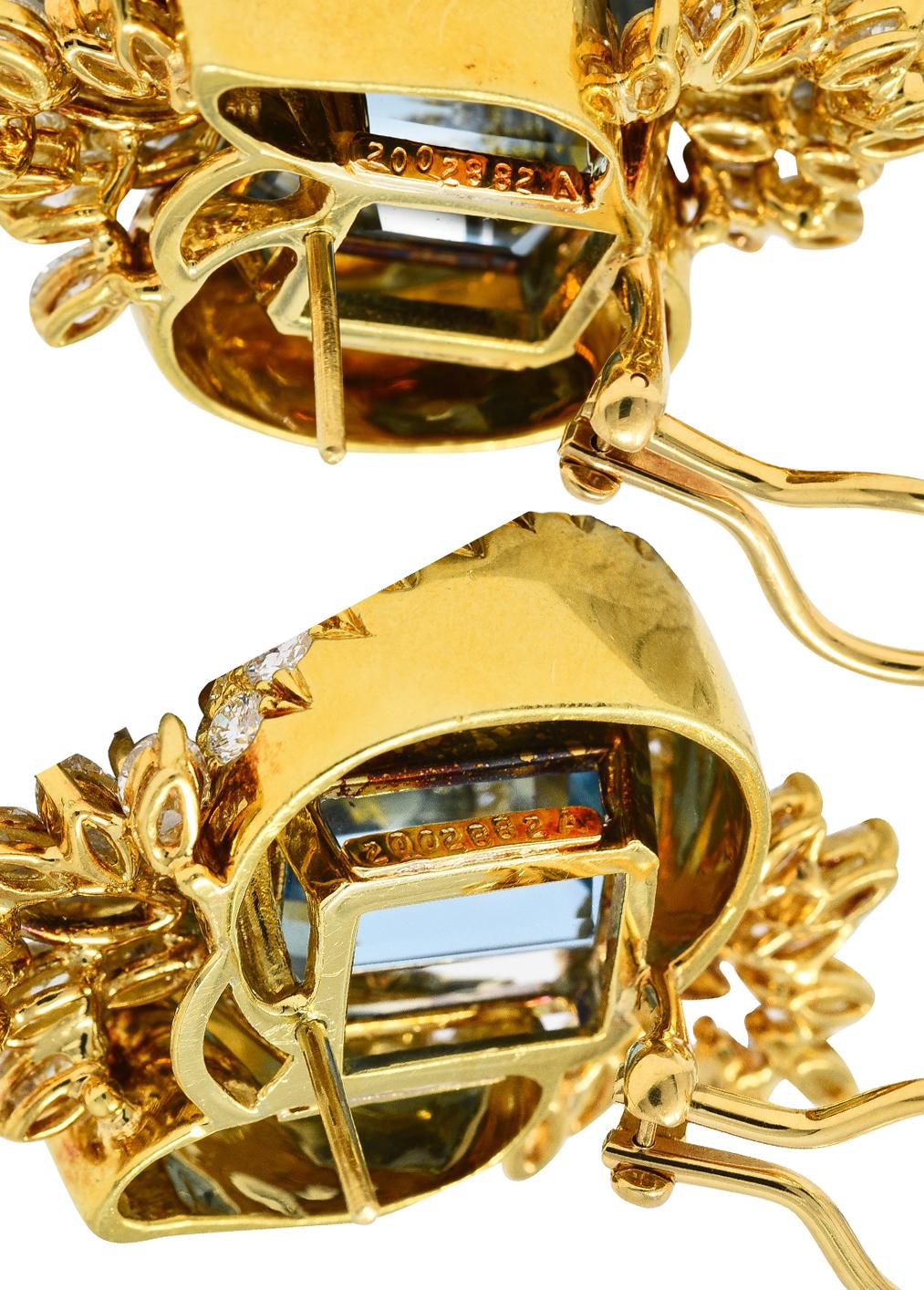Emerald Cut Vintage Jose Hess 32.00 Ctw Aquamarine Diamond 18 Karat Yellow Gold Cluster Gems