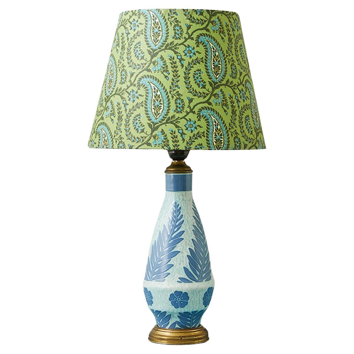 Vintage Josef Ekberg Ceramic Table Lamp with Green Shade, Sweden, 20th Century For Sale