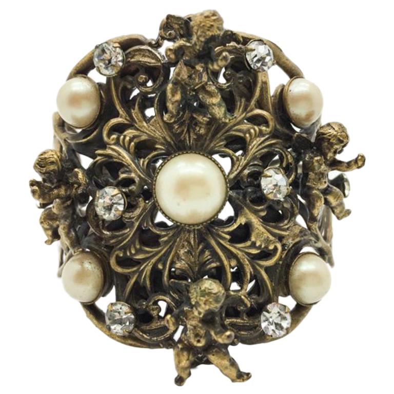 Vintage Joseff Of Hollywood Ornate Cherub & Pearl Cuff Bracelet 1940s For Sale