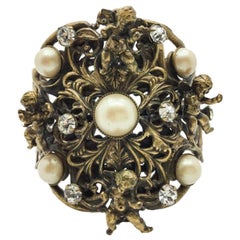 Vintage Joseff Of Hollywood Ornate Cherub & Pearl Cuff Bracelet 1940s