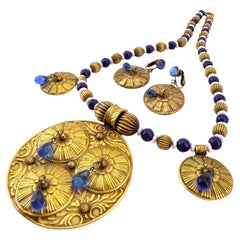 Vintage Joseff of Hollywood Blue Glass Demi Parure 1950's Necklace & Earrings