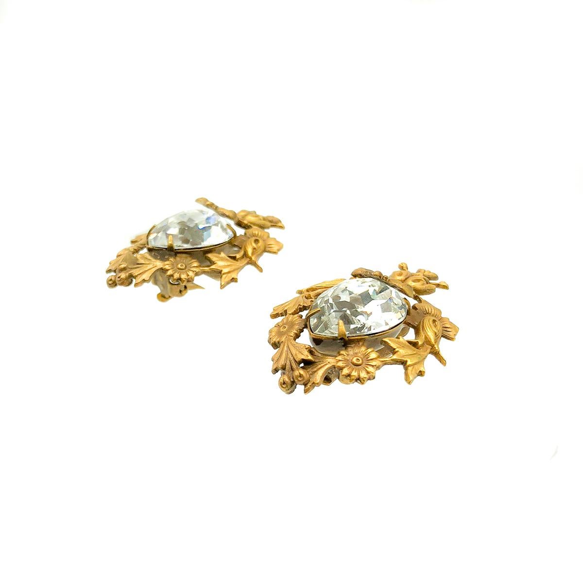 Vintage Joseff of Hollywood Gold & Teardrop Crystal Earrings 1940s In Good Condition In Wilmslow, GB