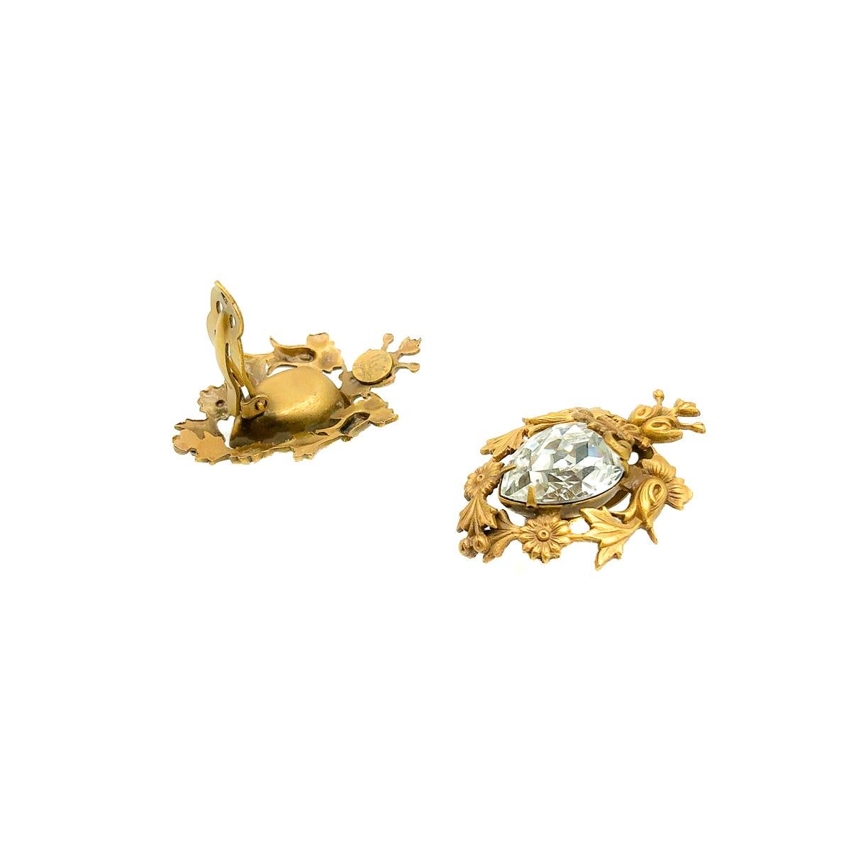 Women's or Men's Vintage Joseff of Hollywood Gold & Teardrop Crystal Earrings 1940s