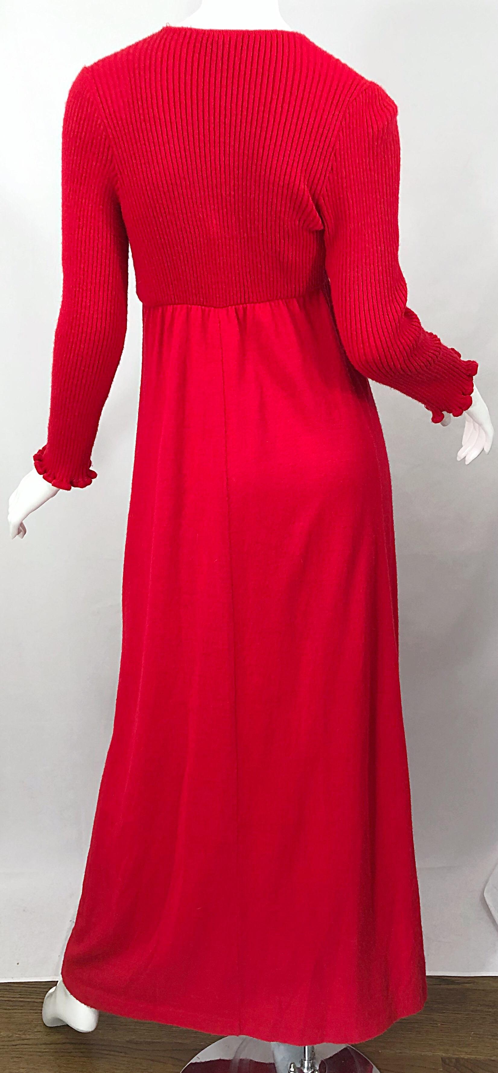 Vintage Joseph Magnin 1970s Lipstick Red Long Sleeve Wool 70s Sweater Maxi Dress For Sale 3