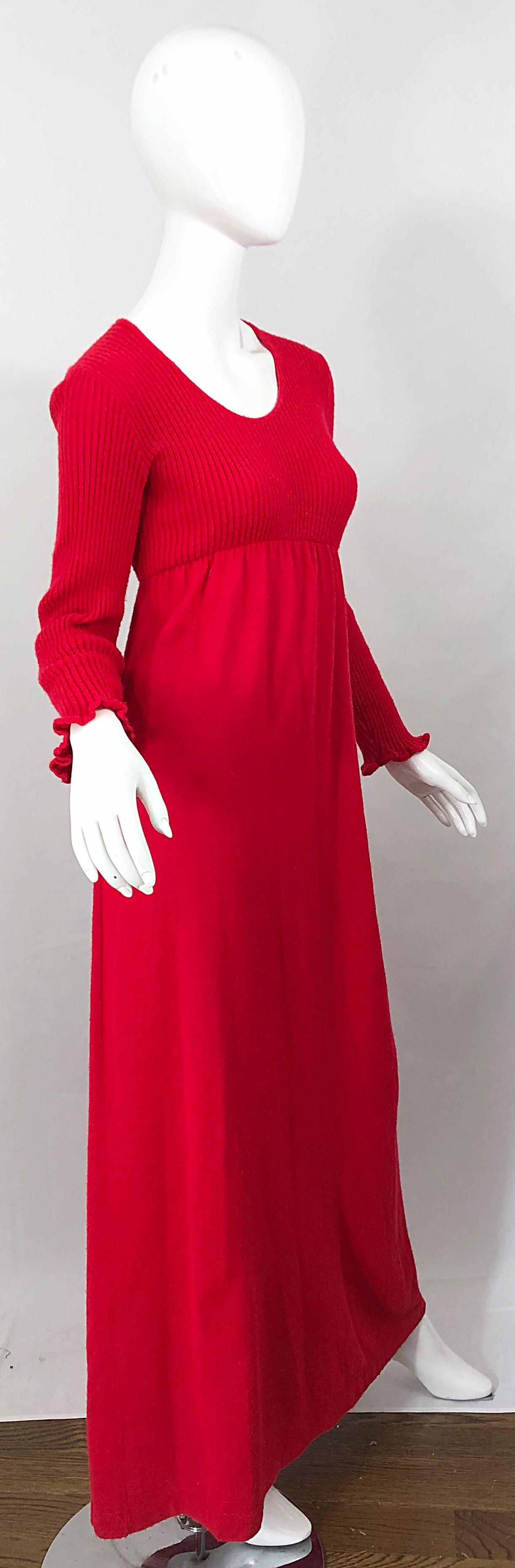 Vintage Joseph Magnin 1970s Lipstick Red Long Sleeve Wool 70s Sweater Maxi Dress For Sale 4