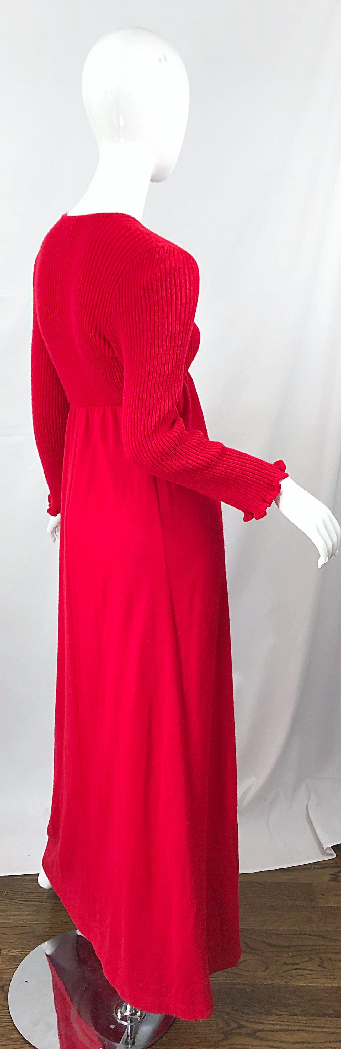 Vintage Joseph Magnin 1970s Lipstick Red Long Sleeve Wool 70s Sweater Maxi Dress For Sale 5