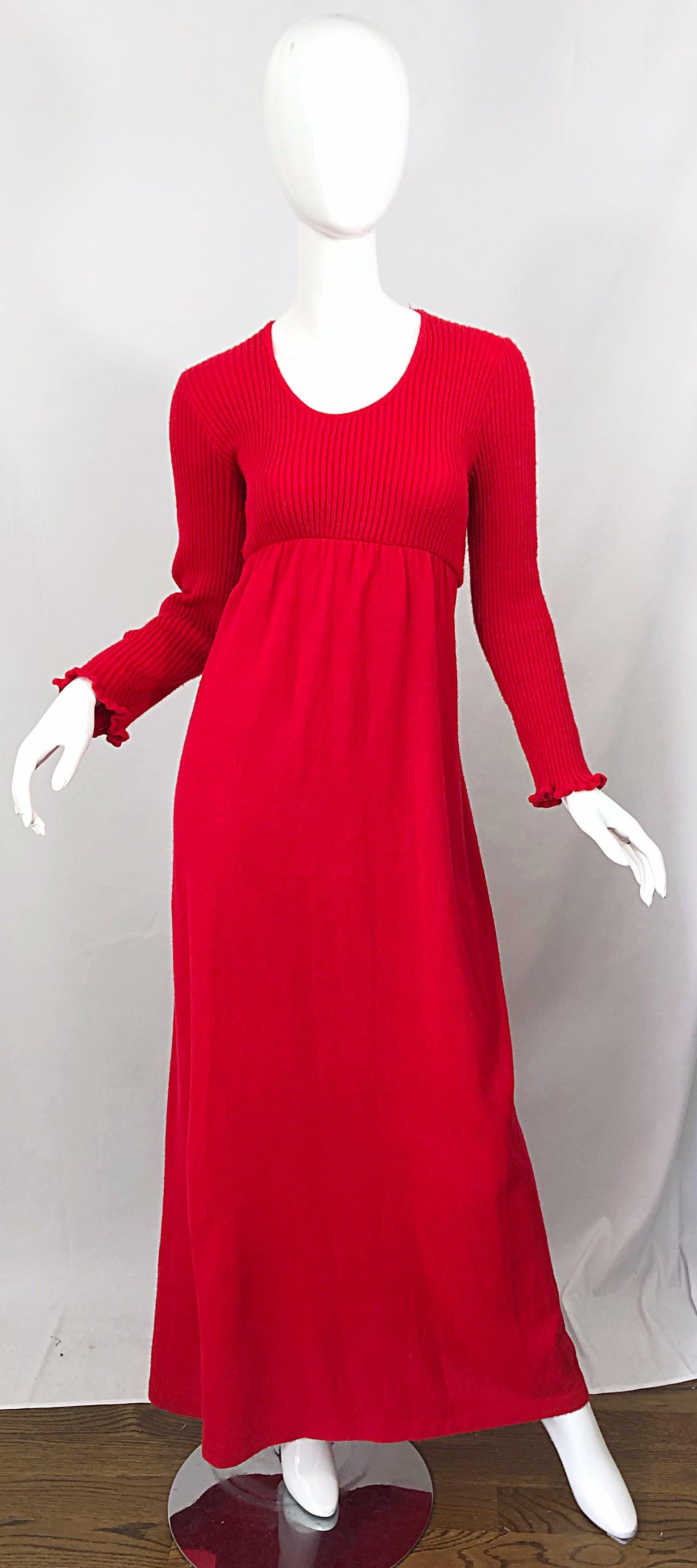 Vintage Joseph Magnin 1970s Lipstick Red Long Sleeve Wool 70s Sweater Maxi Dress For Sale 6