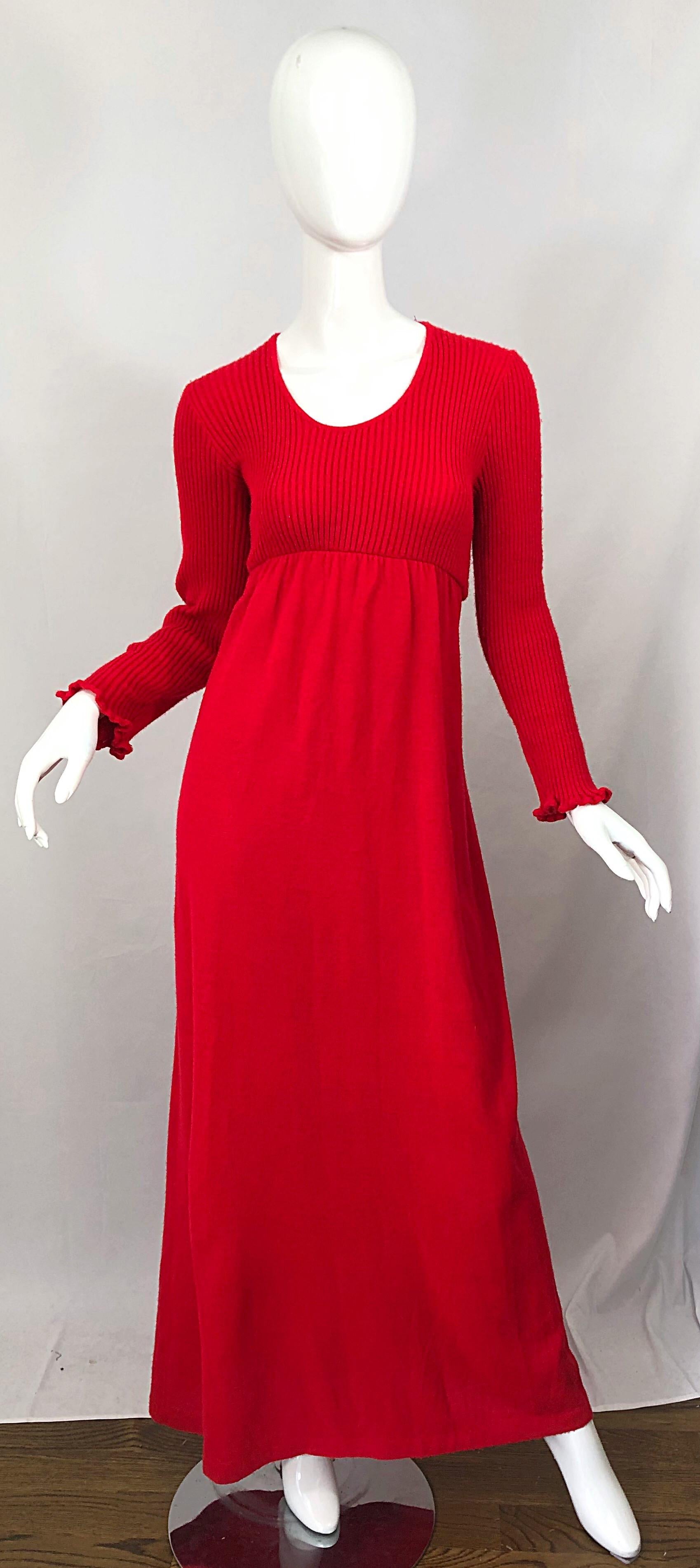 Chic vintage JOSEPH MAGNIN lipstick red long sleeve wool sweater dress! Features a soft wool knit that has plenty of stretch. Vibrant lipstick red color is the perfect alternative to black. Flattering tailored scoop neck bodice with an empire like