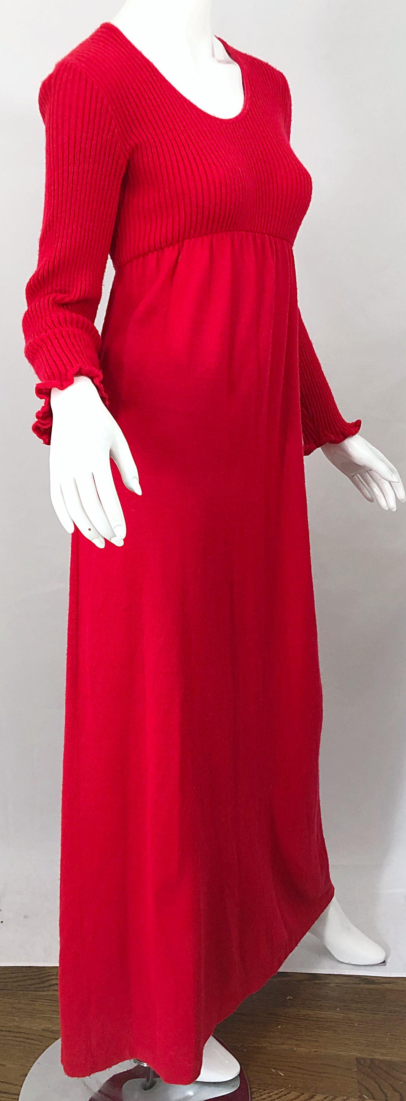Women's Vintage Joseph Magnin 1970s Lipstick Red Long Sleeve Wool 70s Sweater Maxi Dress For Sale