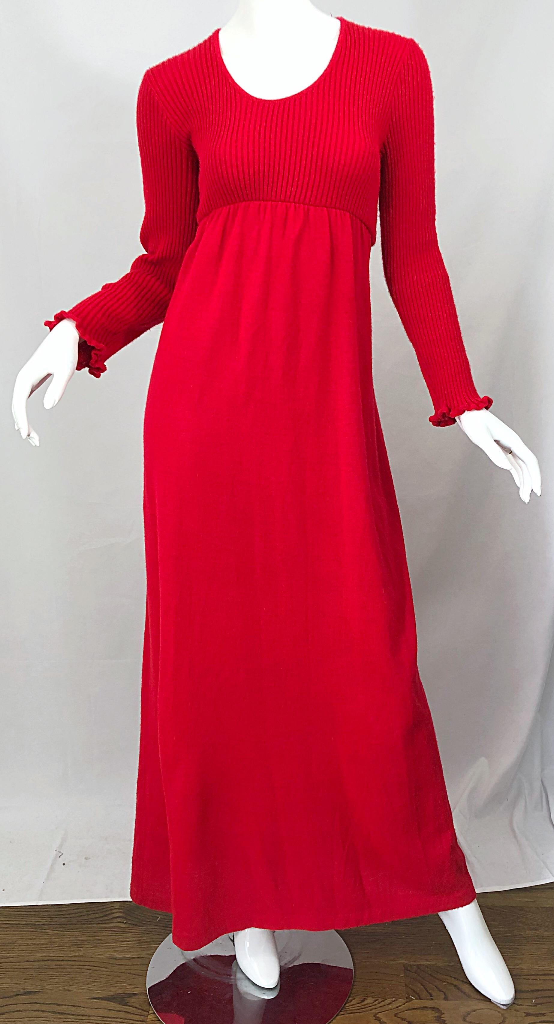 Vintage Joseph Magnin 1970s Lipstick Red Long Sleeve Wool 70s Sweater Maxi Dress For Sale 1