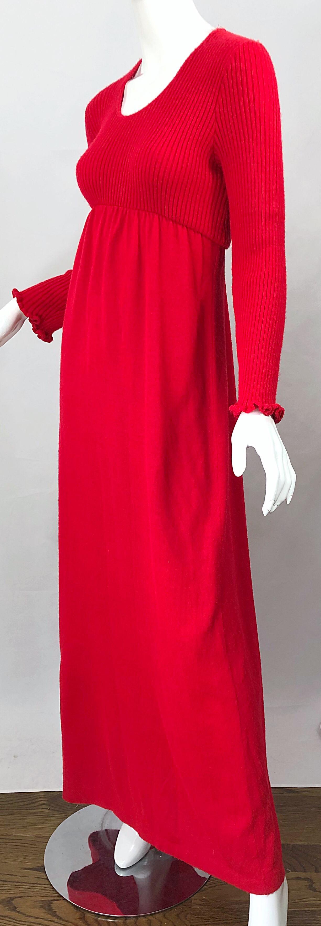 Vintage Joseph Magnin 1970s Lipstick Red Long Sleeve Wool 70s Sweater Maxi Dress For Sale 2
