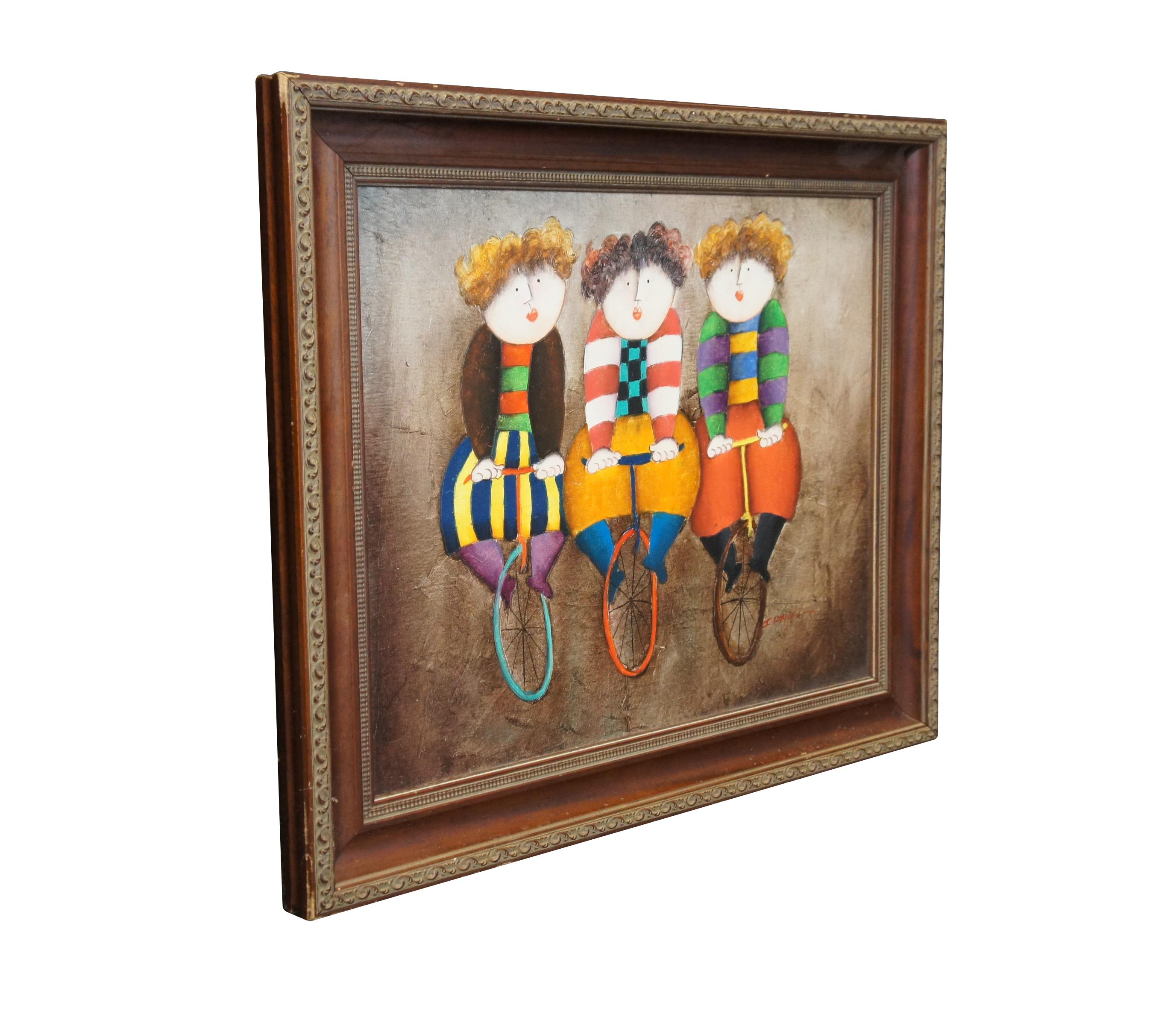 Vintage Joyce Roybal Tres monociclistas Bicicleta Pintura al óleo sobre lienzo 25