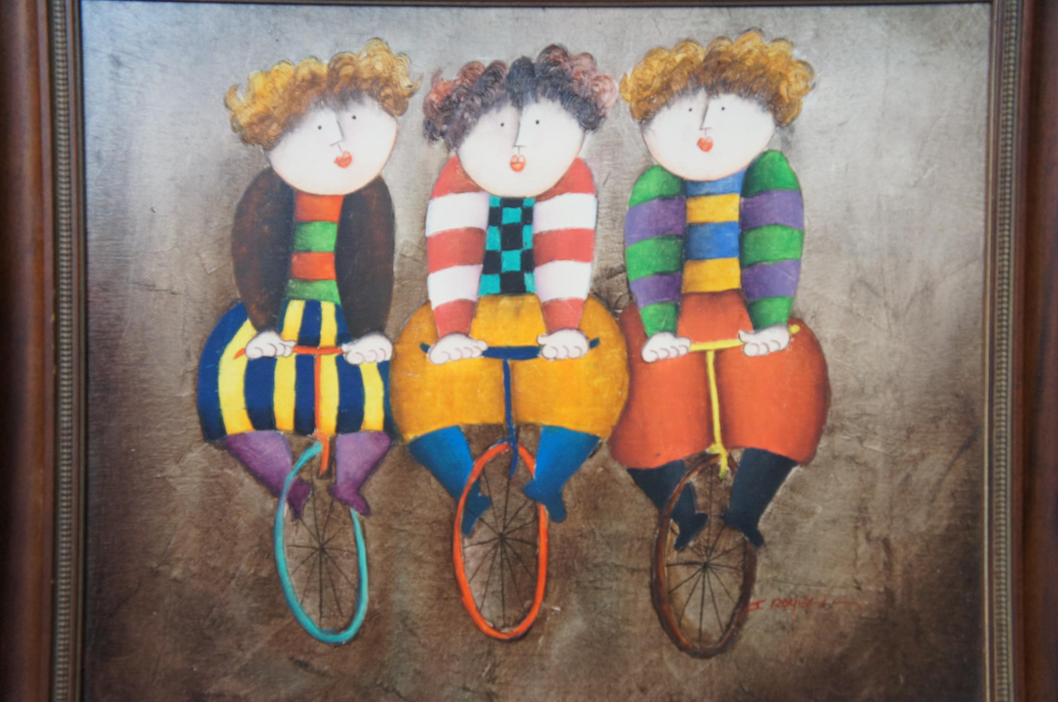 Vintage Joyce Roybal Tres monociclistas Bicicleta Pintura al óleo sobre lienzo 25