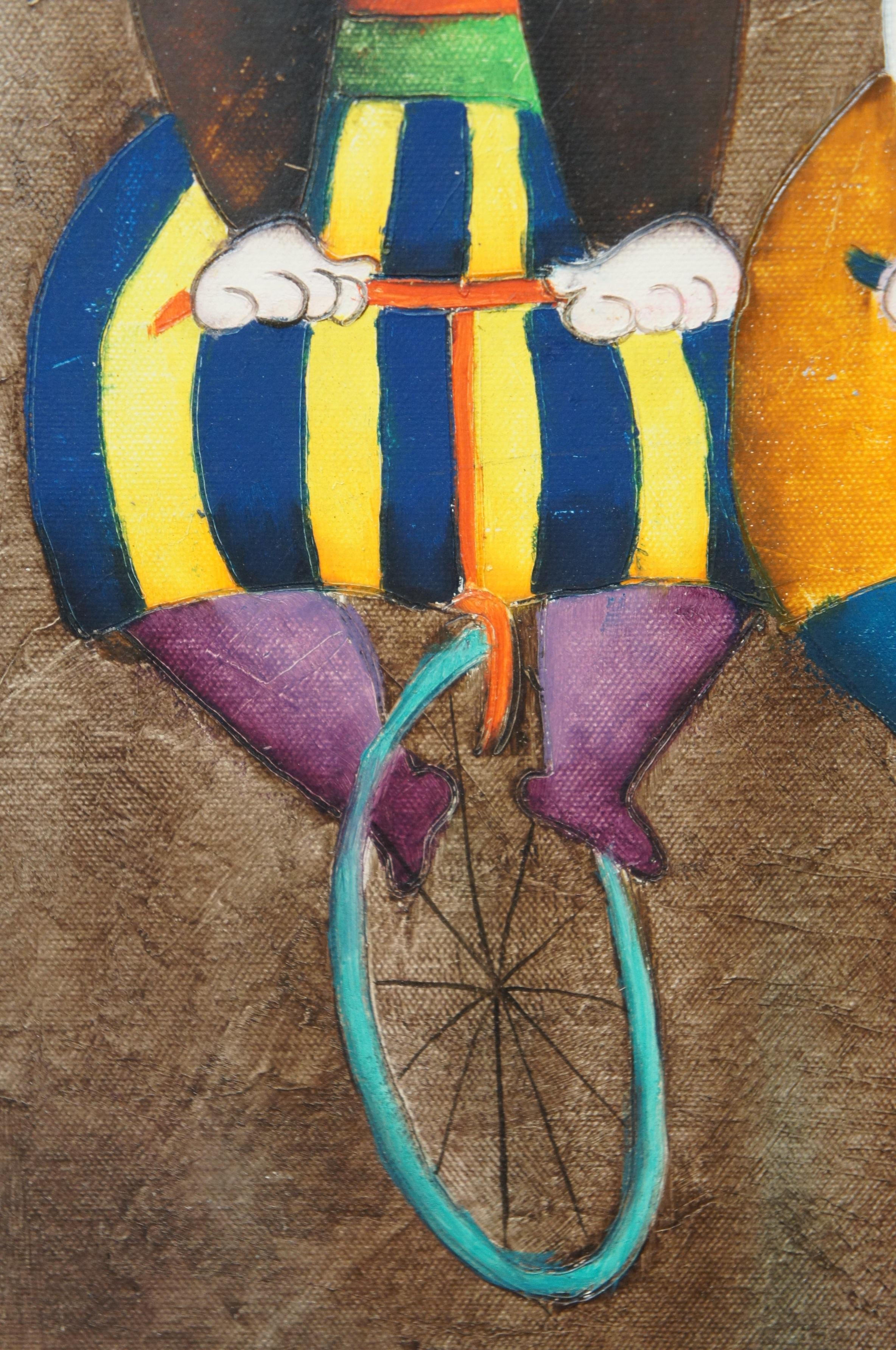 Vintage Joyce Roybal Tres monociclistas Bicicleta Pintura al óleo sobre lienzo 25