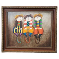 Vintage Joyce Roybal Tres monociclistas Bicicleta Pintura al óleo sobre lienzo 25"