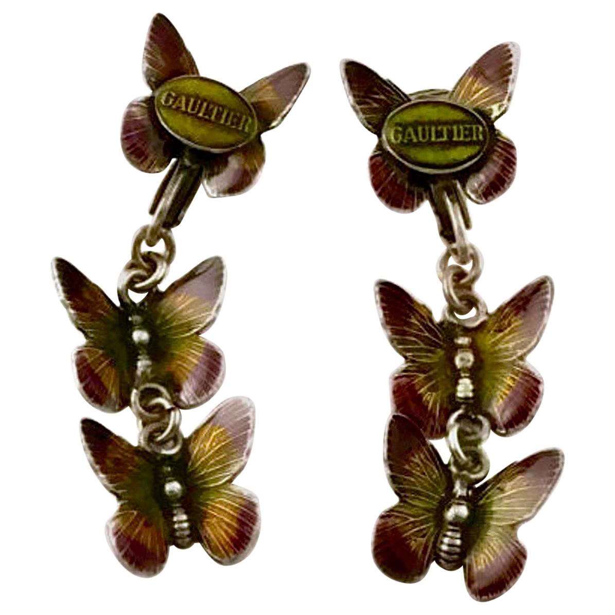 Vintage JPG Jean Paul Gaultier Tiered Enamel Butterfly Earrings For Sale